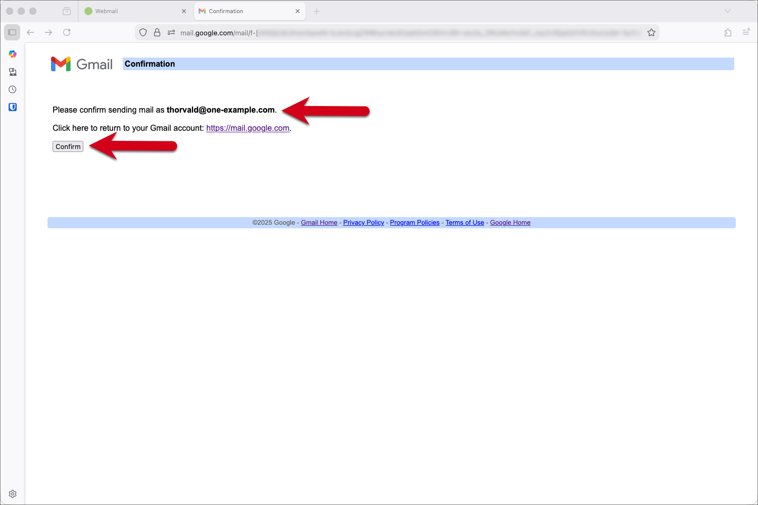 Capture d’écran de la page de confirmation dans Gmail avec des flèches rouges pointant vers l’adresse e-mail et le bouton Confirmer.