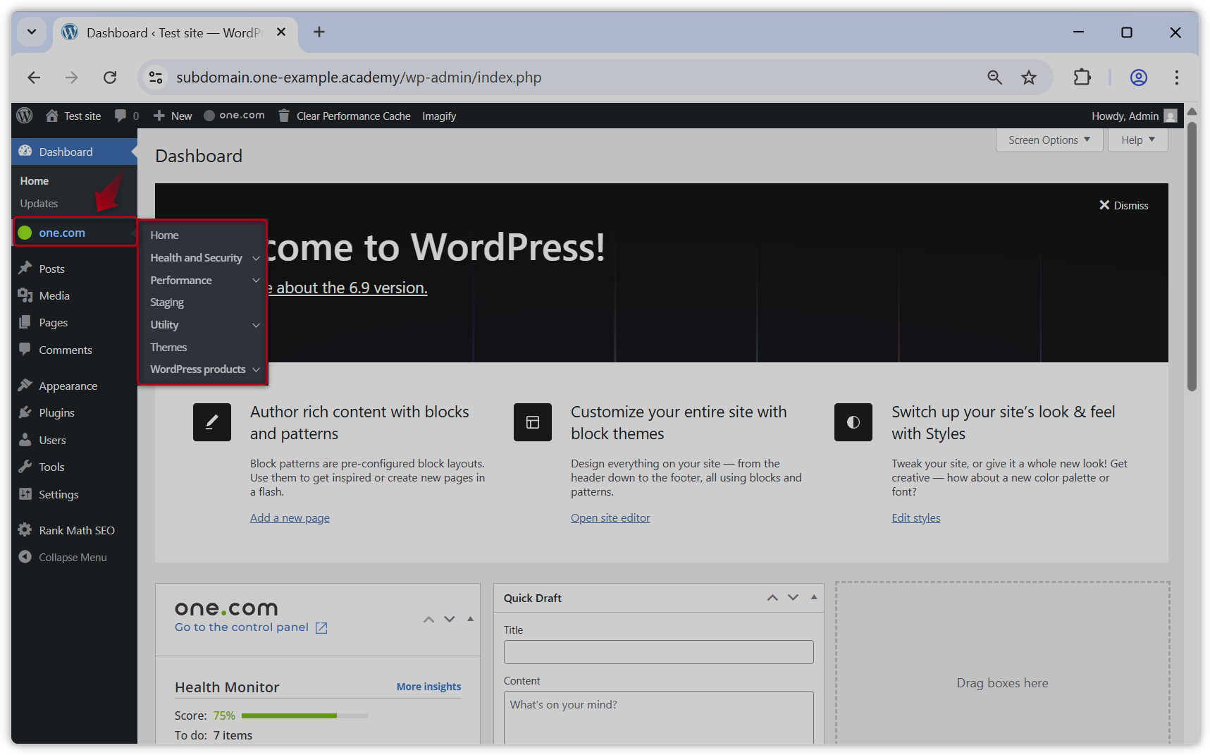 Screenshot of the one.com plugin in WP Admin.