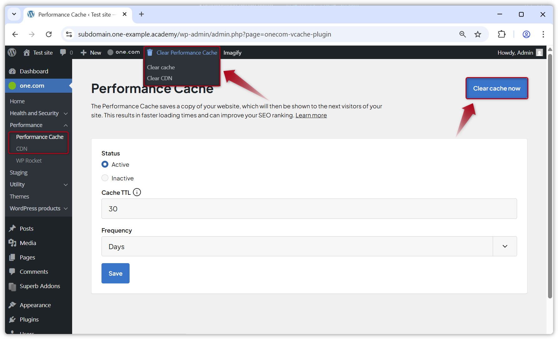 Screenshot showing how to clear the cache.