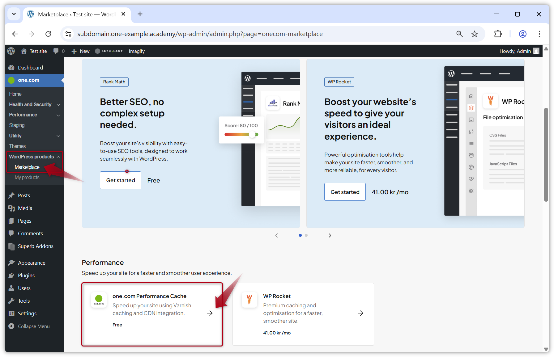 pantalla que muestra dónde instalar Performance Cache en el plugin de one.com.