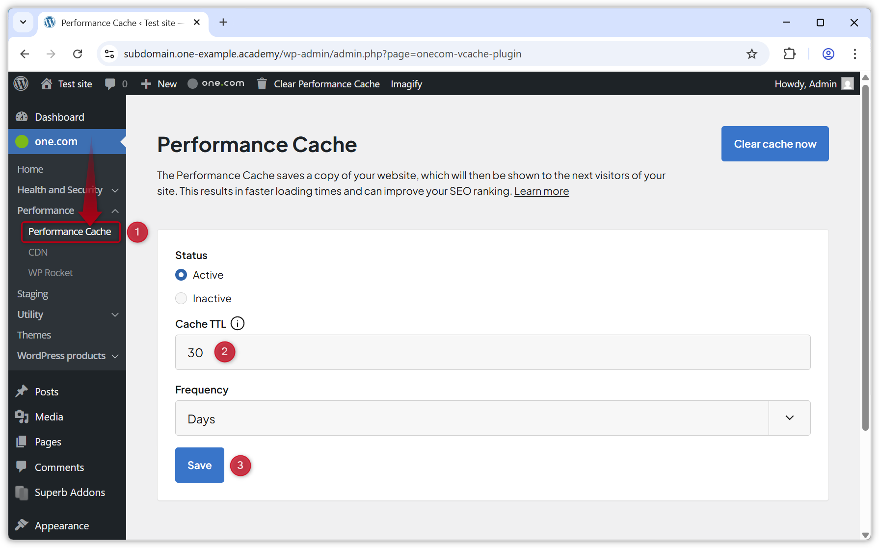 Screenshot che mostra come modificare il TTL della cache delle prestazioni.