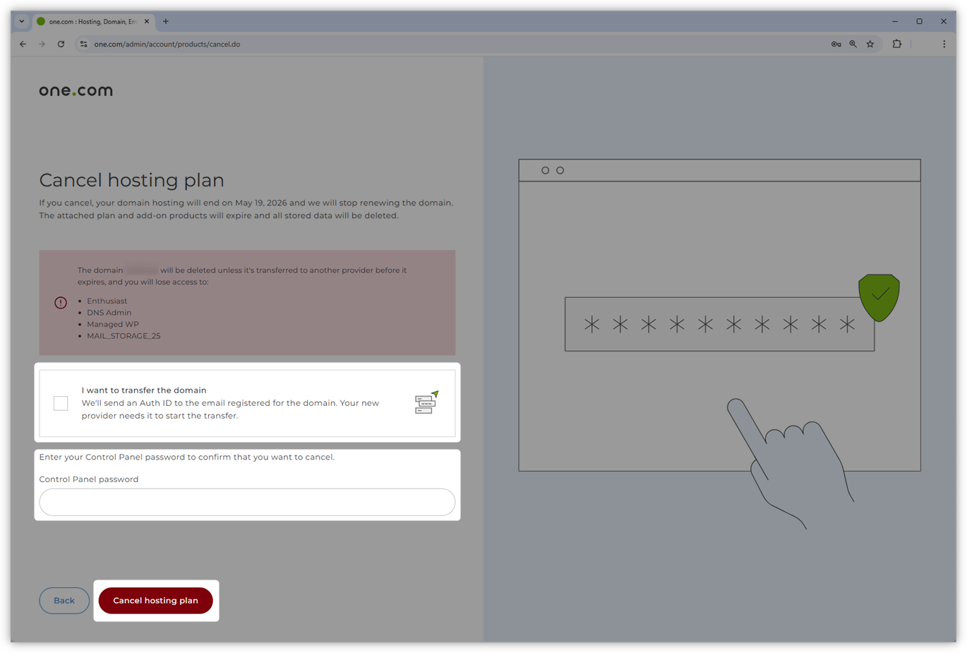 Screenshot met markering van het verhuis-selectievakje, het wachtwoordveld en de knop "Hostingpakket opzeggen".