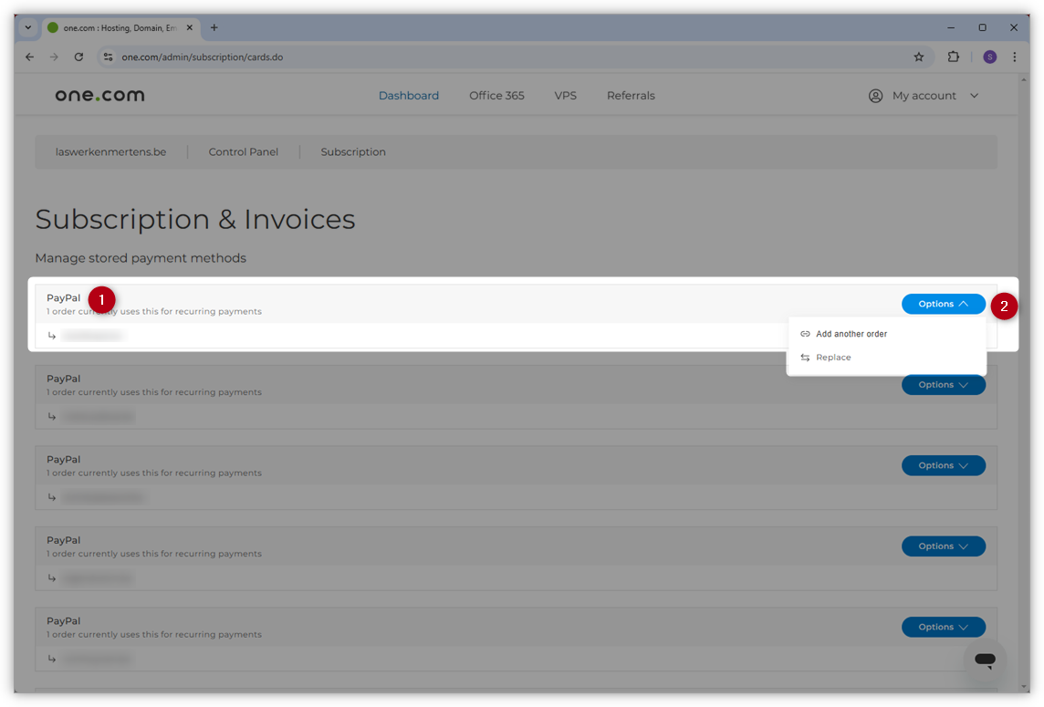 A screenshot showing the payment methods page, highlighting the options menu for adding an order or replacing the payment method.