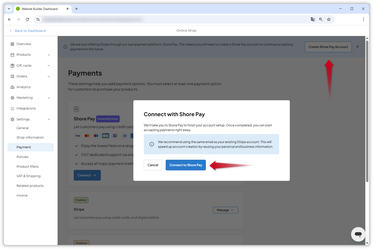 Screenshot della dashboard del negozio online. La finestra modale "Connetti a Shore Pay" è aperta e una freccia rossa indica il pulsante "Connetti a Shore Pay".