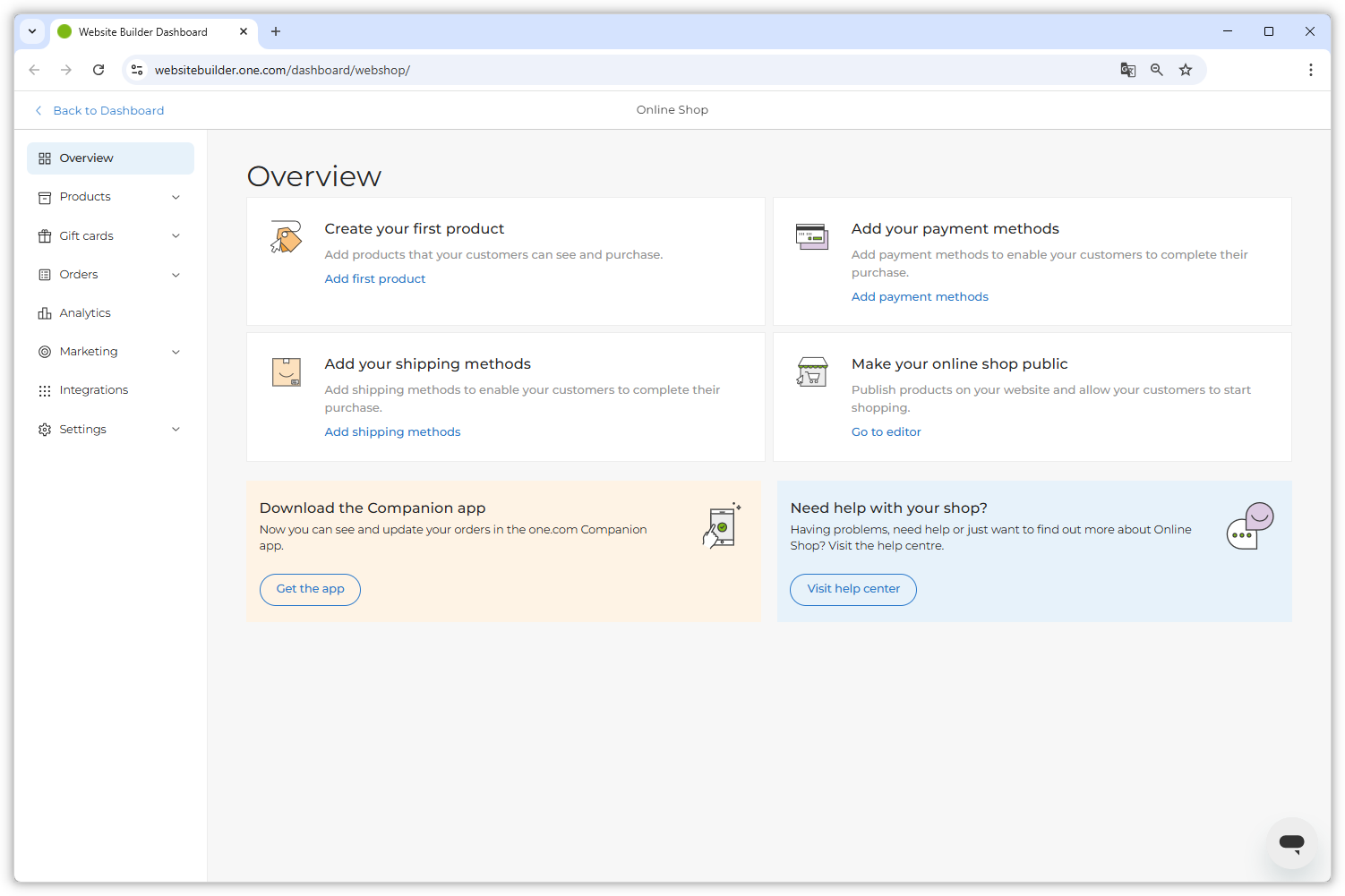 Screenshot of the Online Shop dashboard. The steps to get started are visible as tiles. 