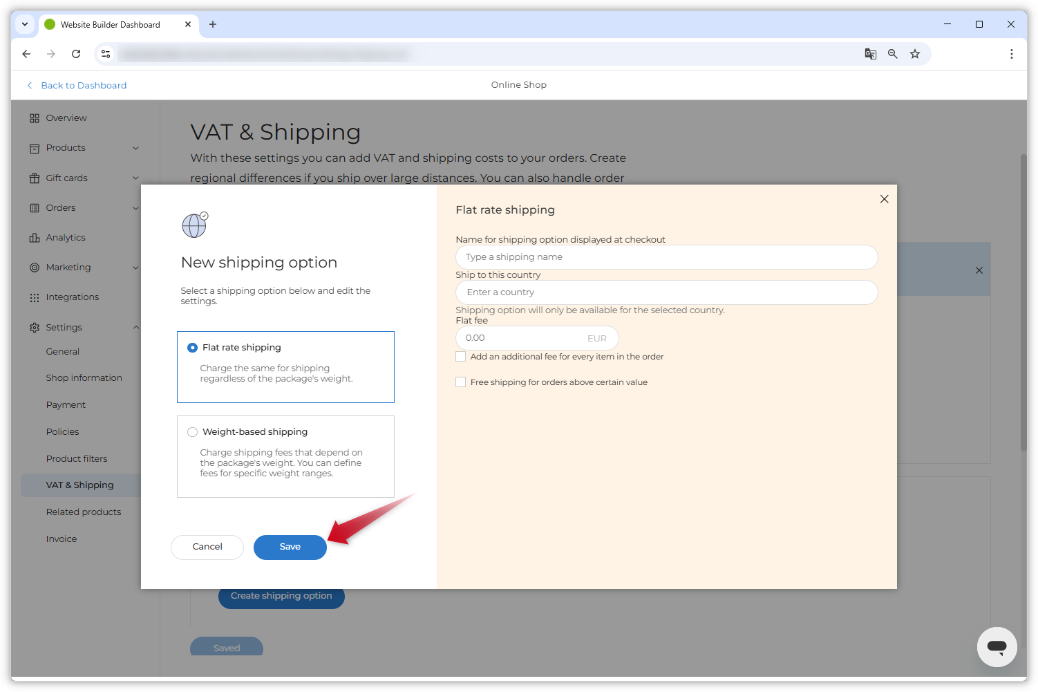 Screenshot showing the open modal for the shipping options. Flat-rate shipping is marked as the chosen option, and an arrow points to the 'Save' button at the bottom of the screen.