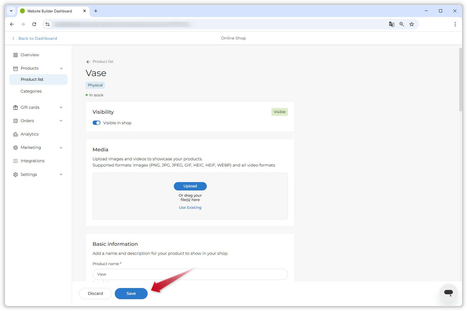 Screenshot of a product page. A red arrow points to the 'Save' button at the bottom of the page.