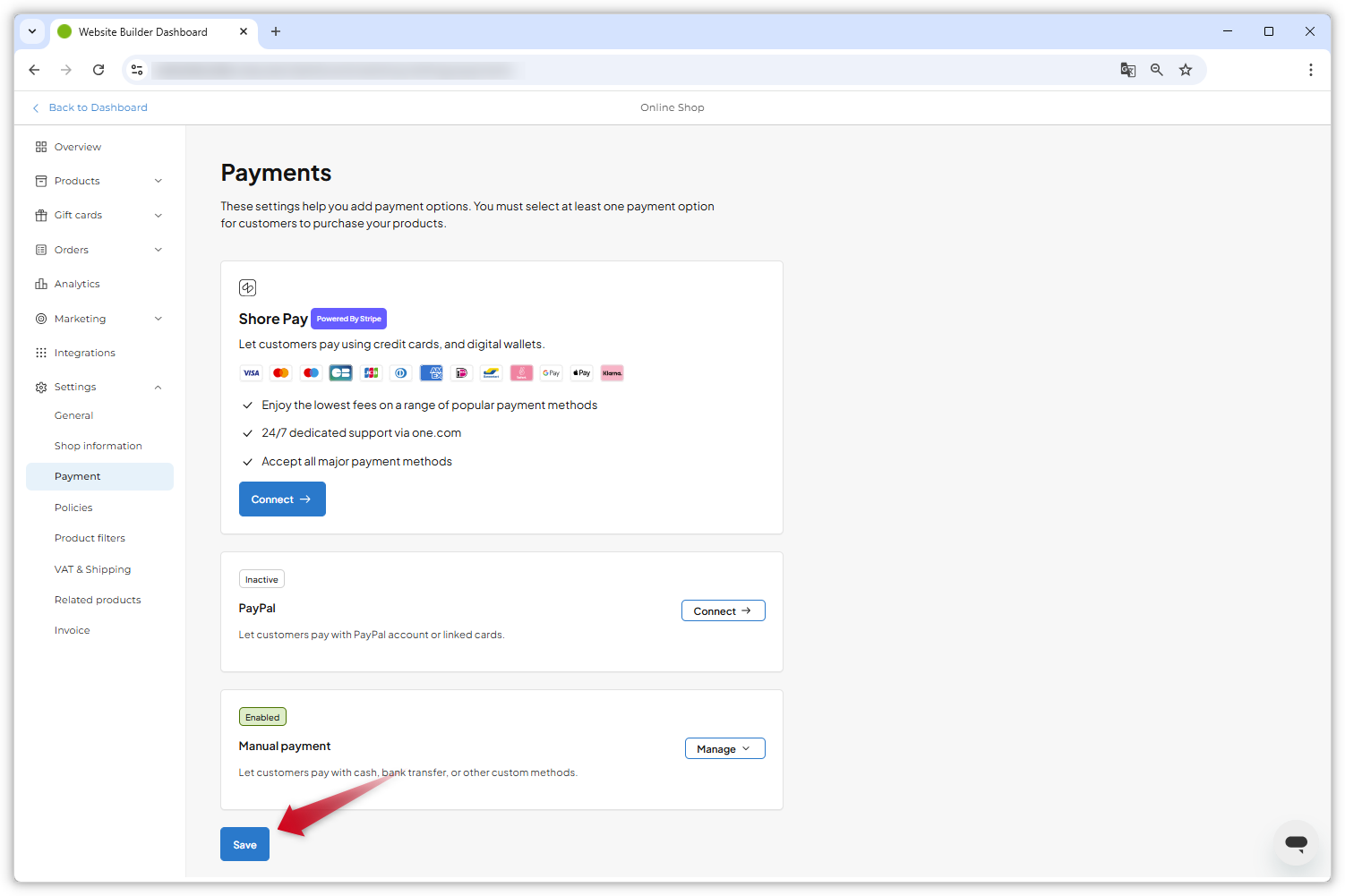 Screenshot mit dem Formular für die Zahlung. Ein roter Pfeil zeigt auf den Button "Speichern" am unteren Rand der Seite.