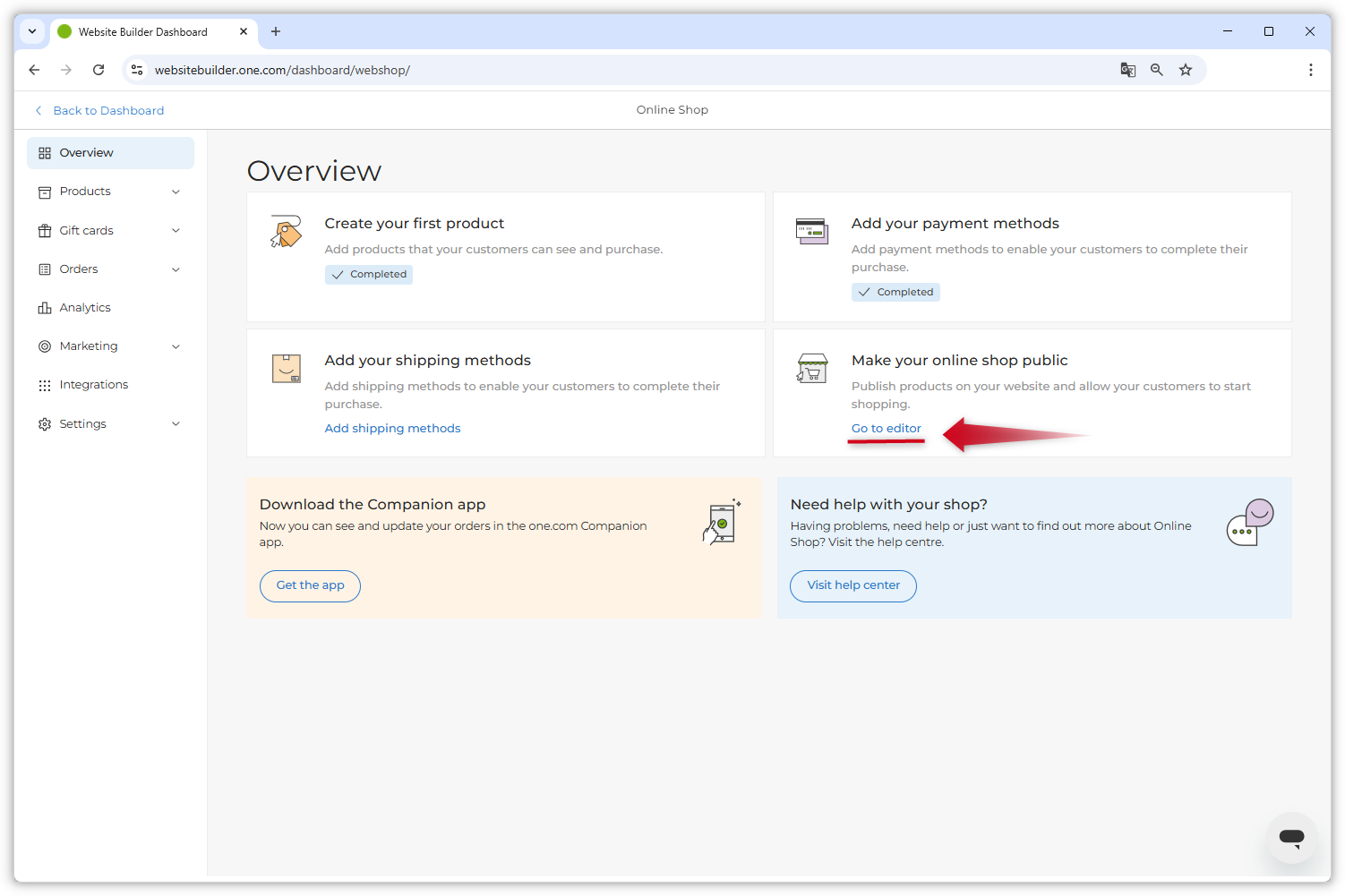 Screenshot mit Dashboard des Webshops. Ein roter Pfeil verweist auf den Link "Zum Editor" auf der Kachel "Veröffentlichen Sie Ihren Webshop".