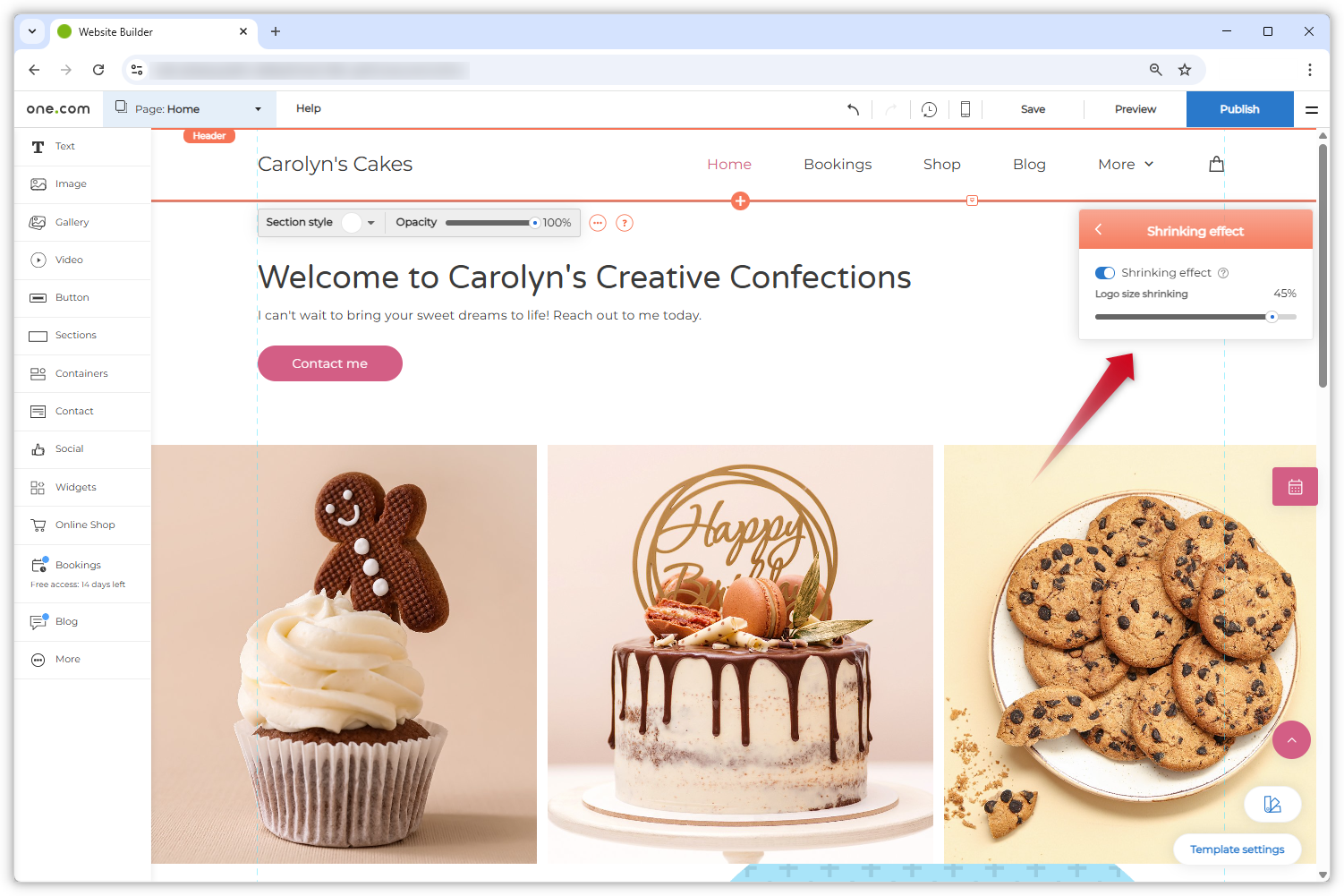 Kuvakaappaus avatusta kutistuva vaikutusvalikosta. Punainen nuoli osoittaa asetukseen, jossa voit päättää, kuinka paljon logon tulee kutistuvan.
