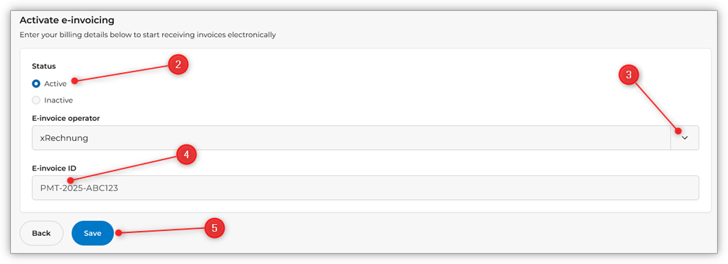 Screenshot of how to activate E-invoice with lines pointing to the respective steps. 