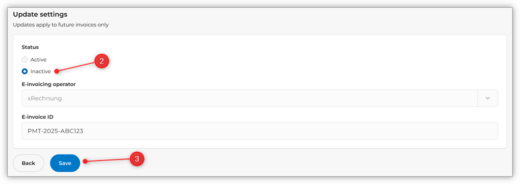 E-invoice settings page with Status set to Inactive