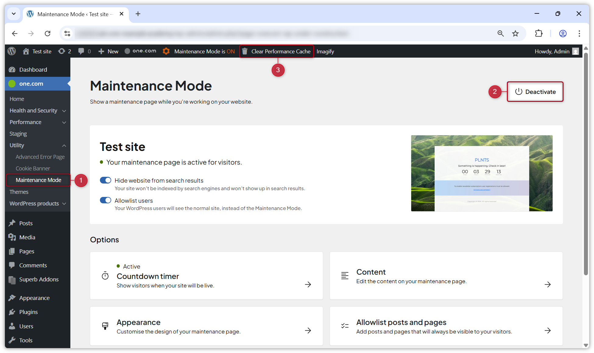 pantalla del modo de mantenimiento en WP Admin.