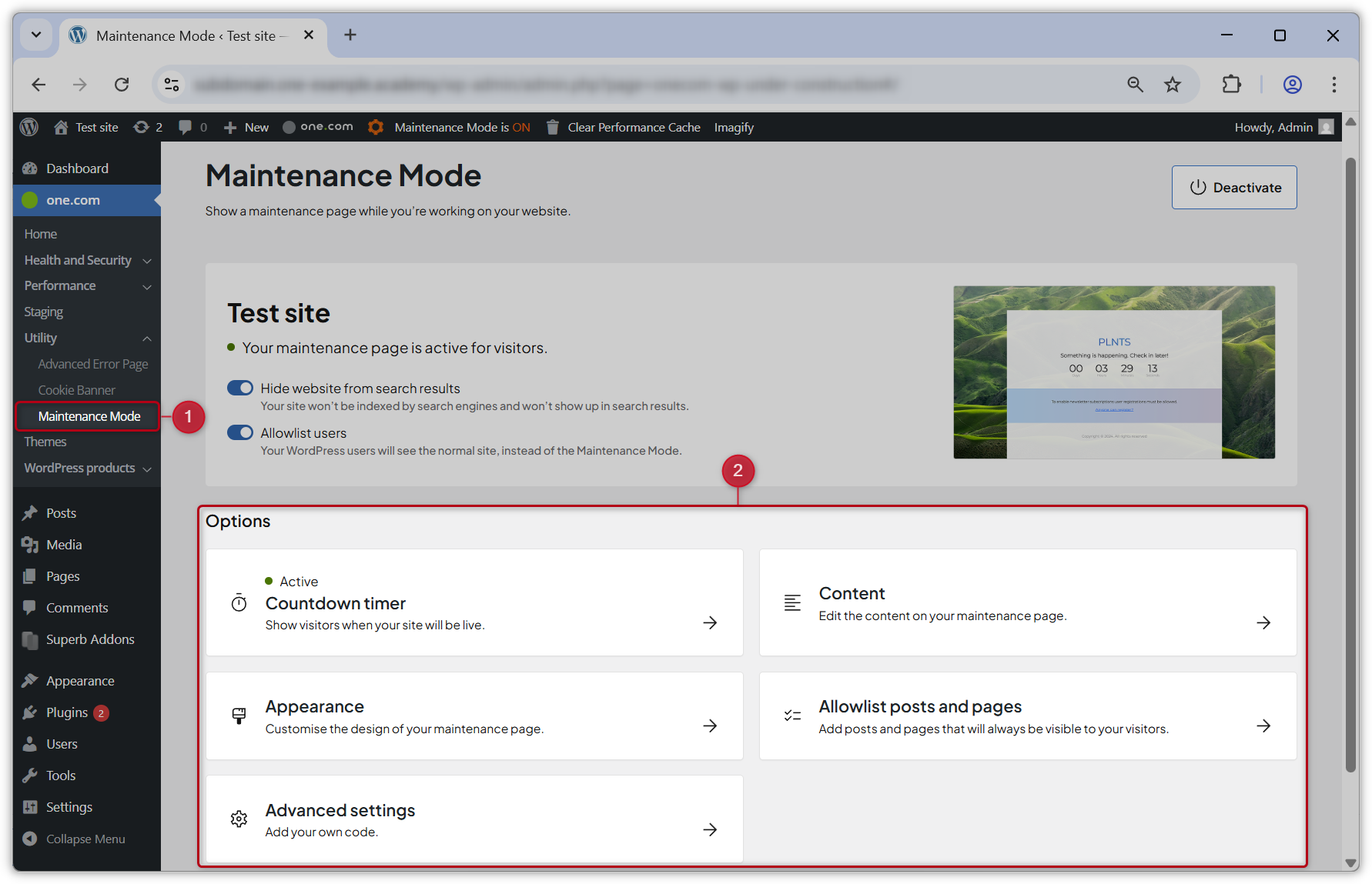 della modalità di manutenzione in WP Admin.