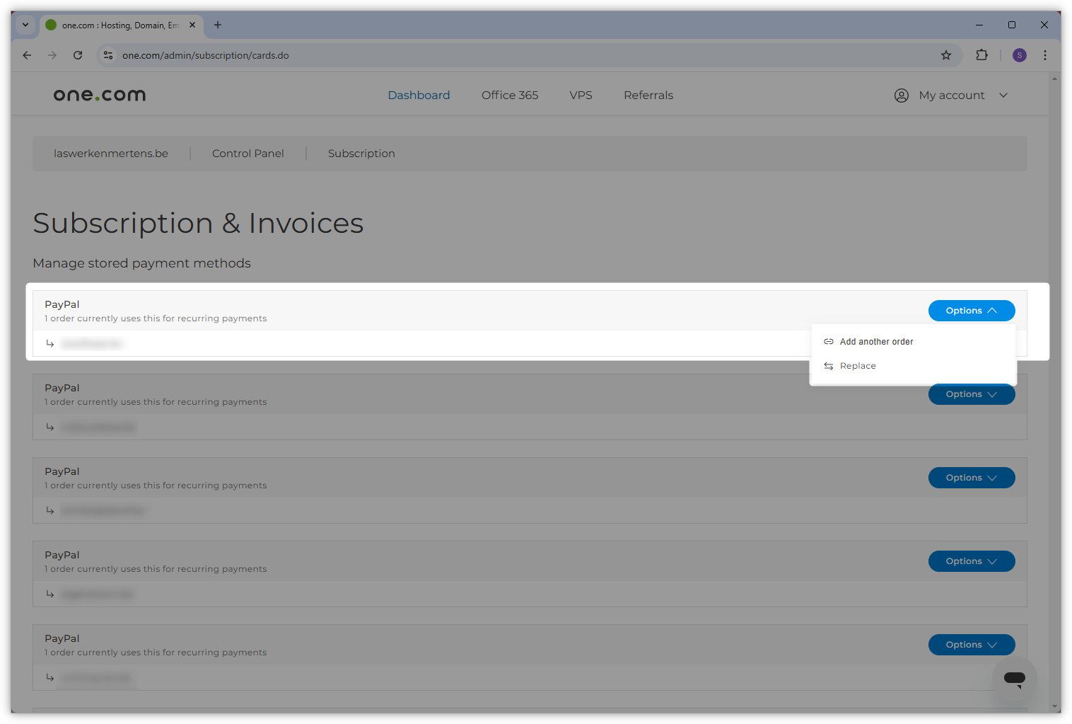 Screenshot showing the landing page for when the customer has a saved payment method. The options to add an order or replace the payment method are highlighted.