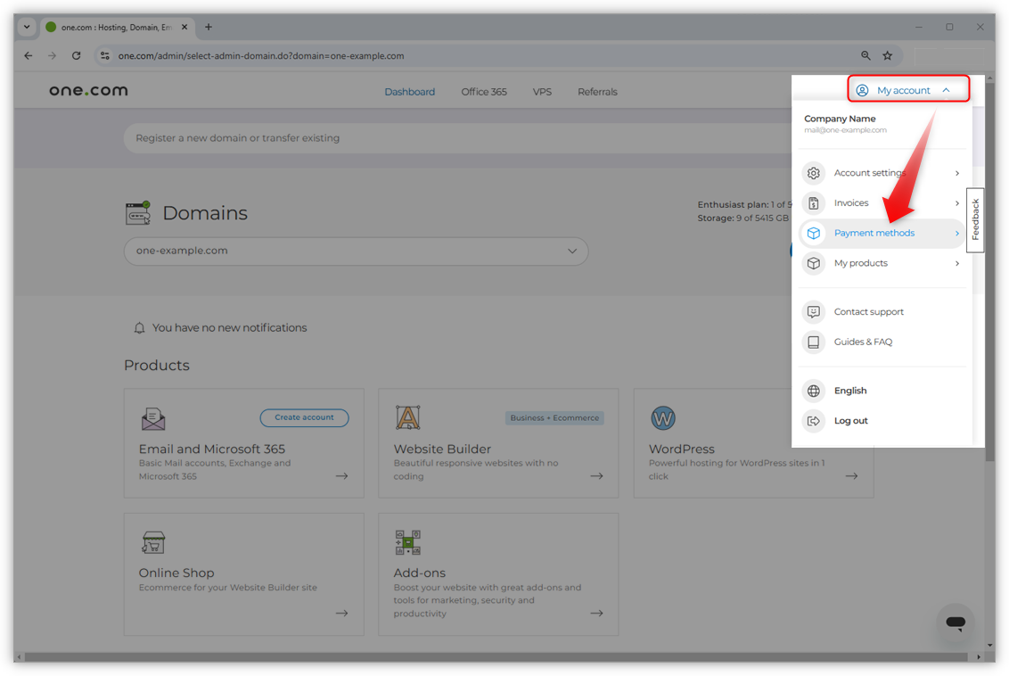 Il menu sotto Il mio account è evidenziato, con una freccia rossa che punta all'opzione selezionata "Metodi di pagamento".