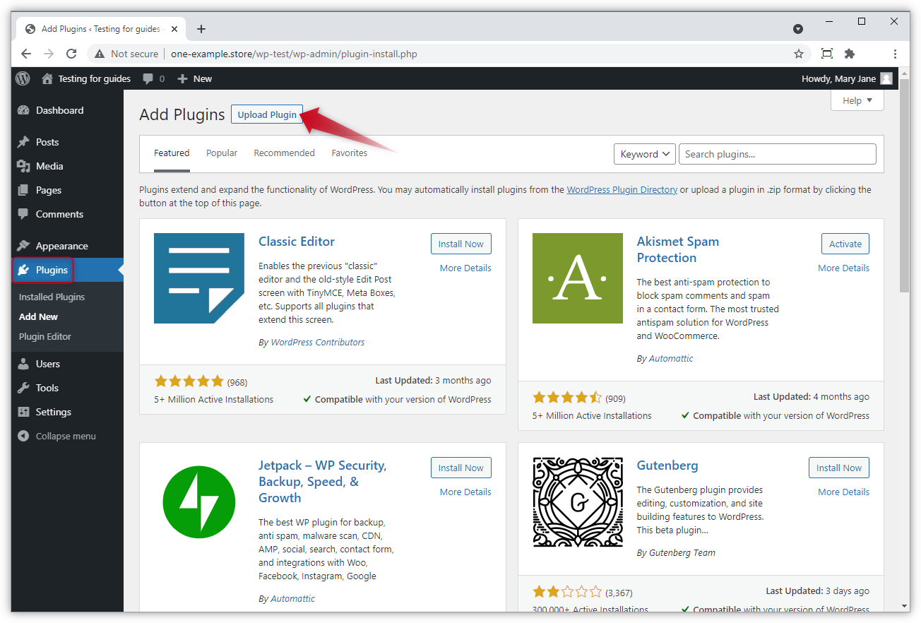 Skærmbillede af, hvordan du uploader et plugin i WP Admin.