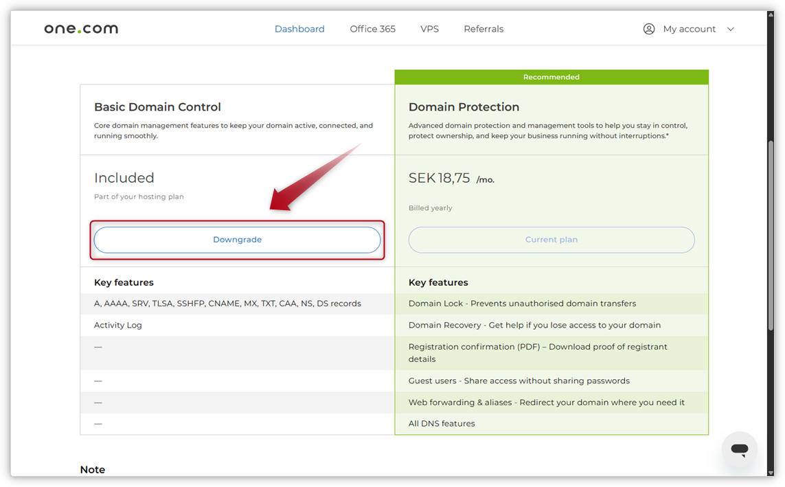 Arrow pointing to Downgrade-button on the Domain Protection page