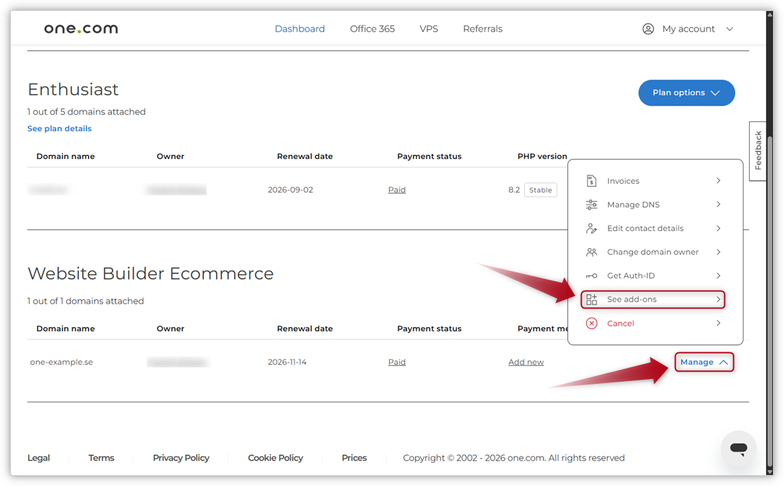 Arrows pointing to Manage and See add-ons