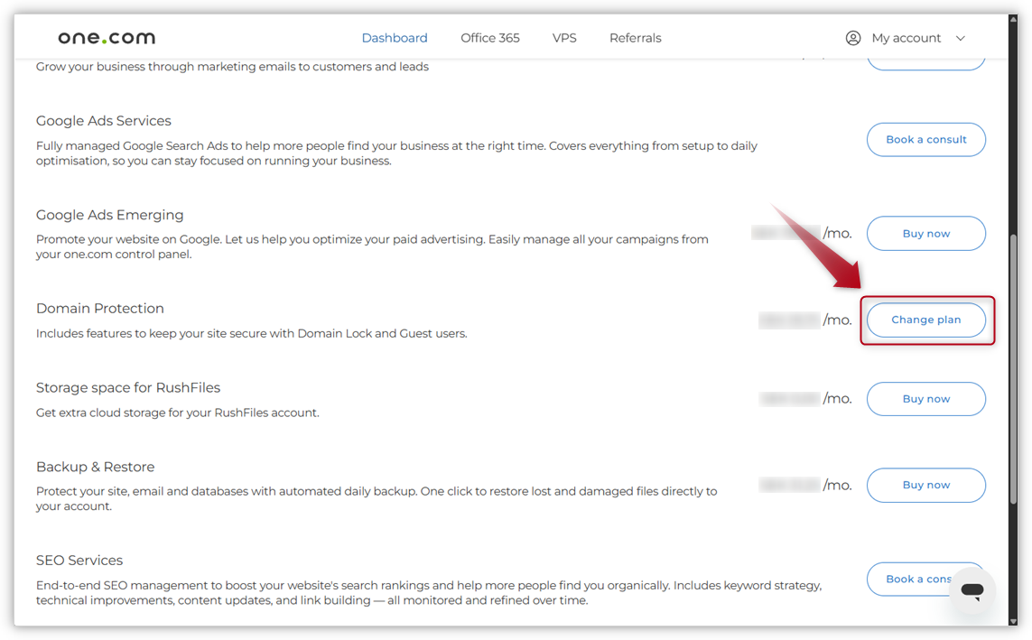 Arrow pointing to Change plan in add-on list