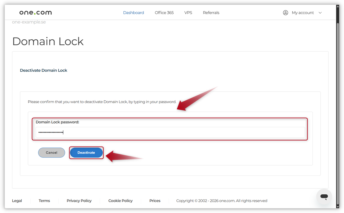 Page showing arrows pointing to password field and the button Deactivate