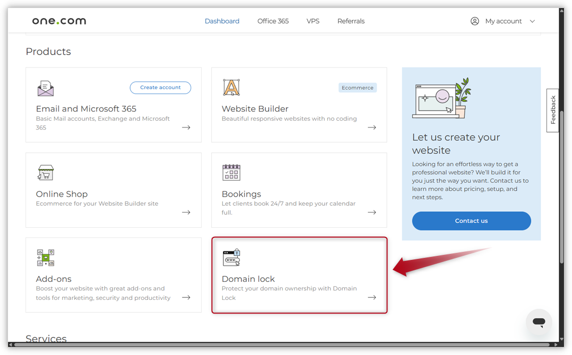 Arrow pointing to Domain lock tile in Control Panel.