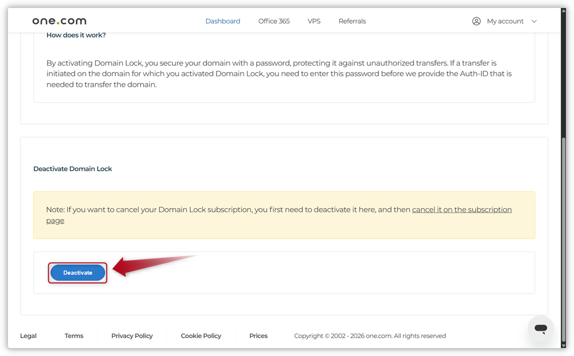 Arrow pointing at Deactivate on Domain Lock page. 