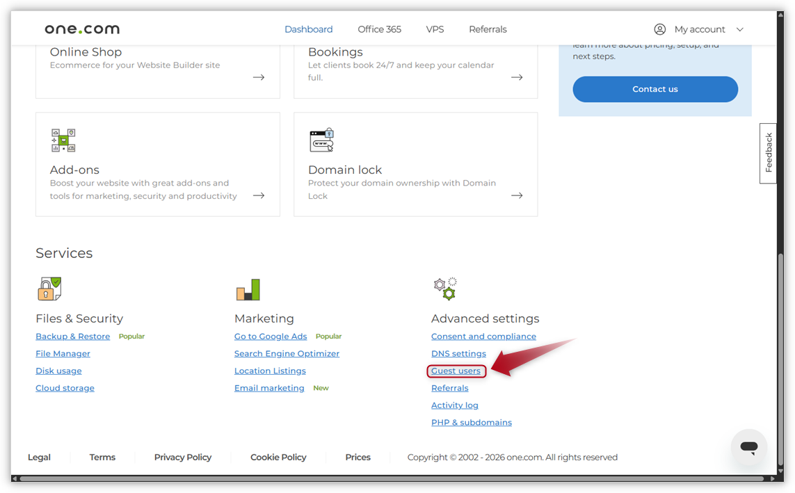 Arrow pointing at Guest users option in Control Panel