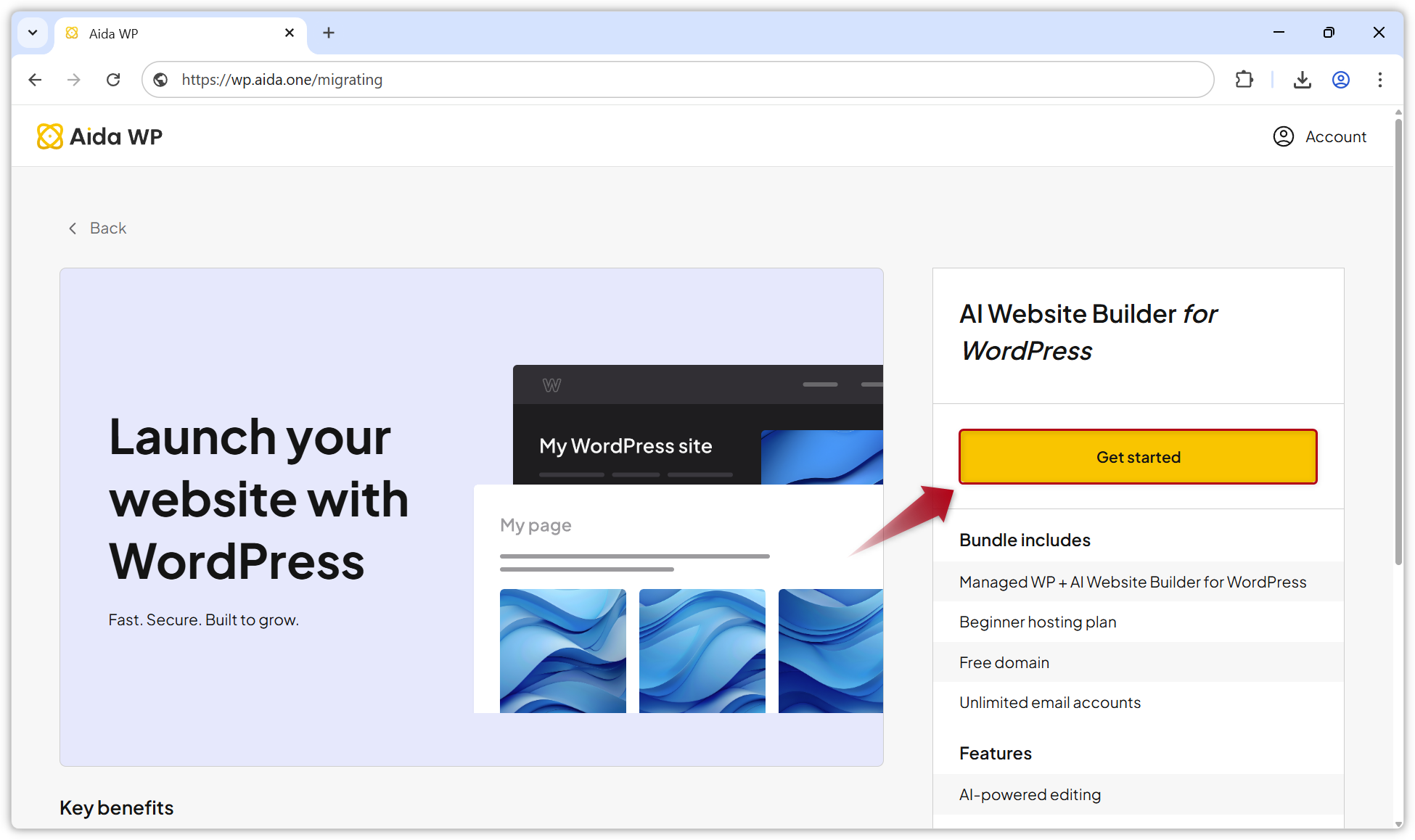 Screenshot of the launch page in Aida WP.