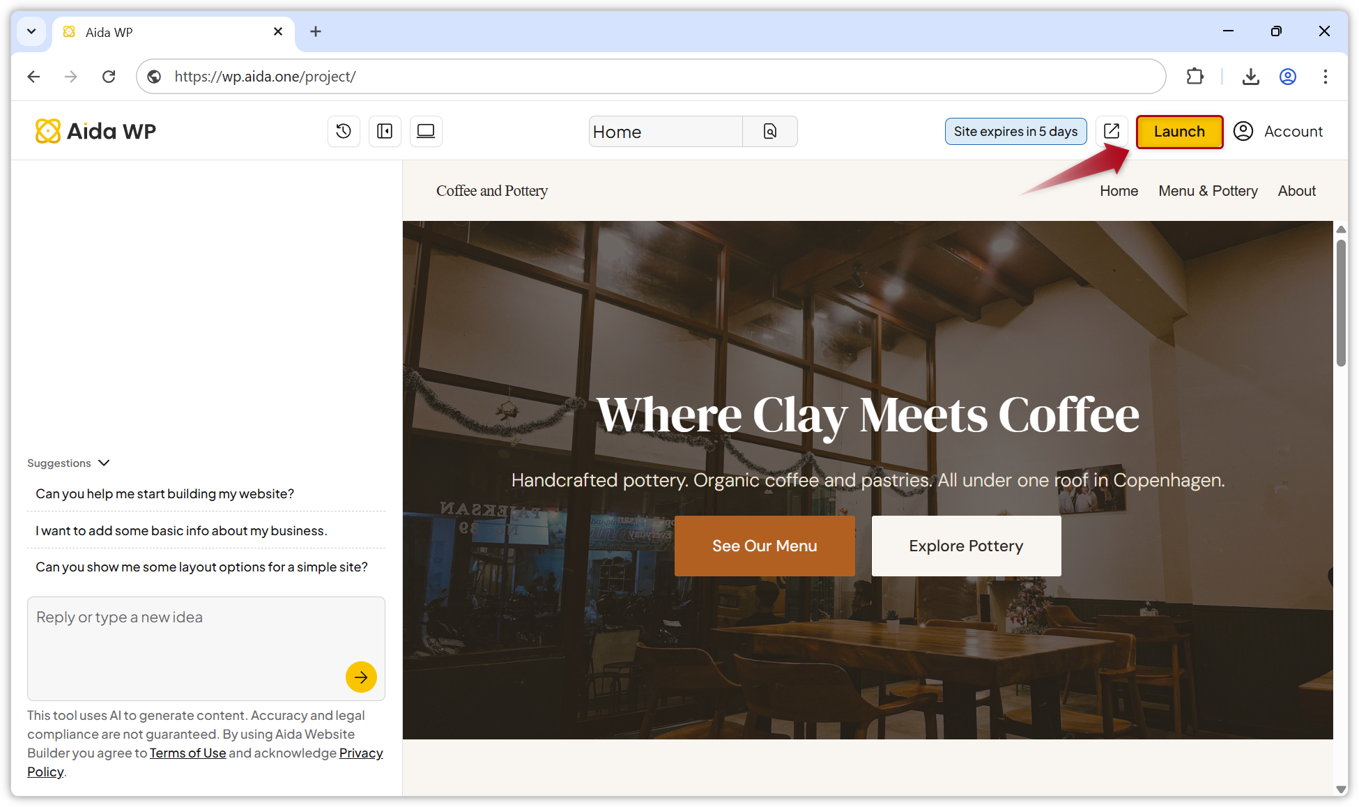 Screenshot dell'editor del sito in Aida WP.