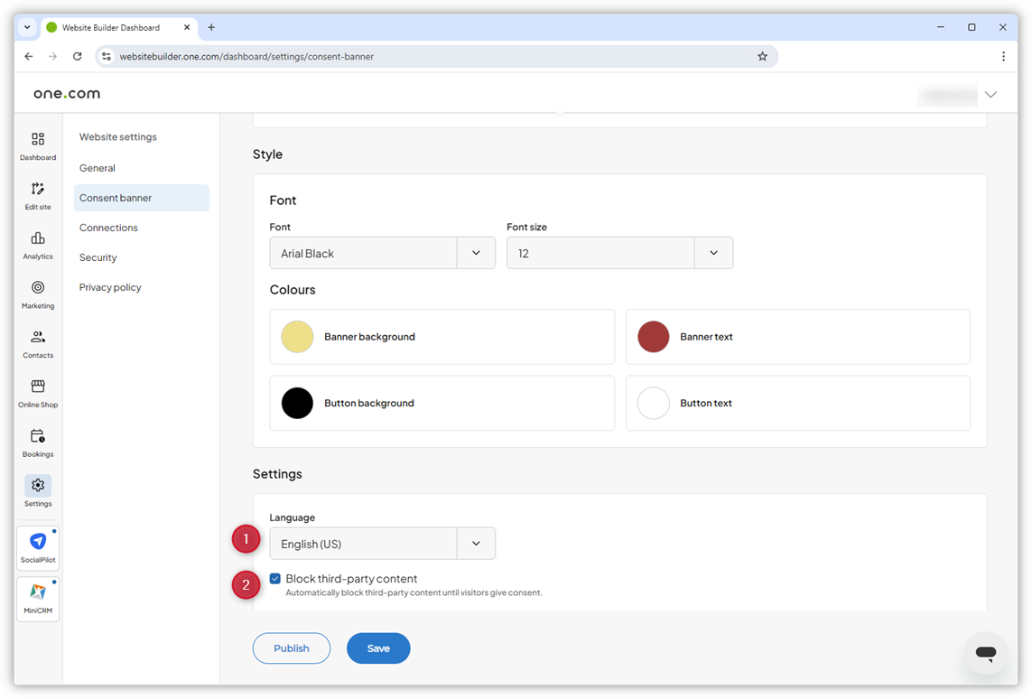 Screenshot of Consent banner settings. Two red dots highlight the Language and Block third-party content options.