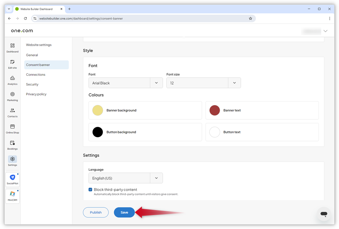 Capture d’écran de la page de la bannière de consentement. Une flèche rouge pointe vers le bouton Enregistrer en bas.