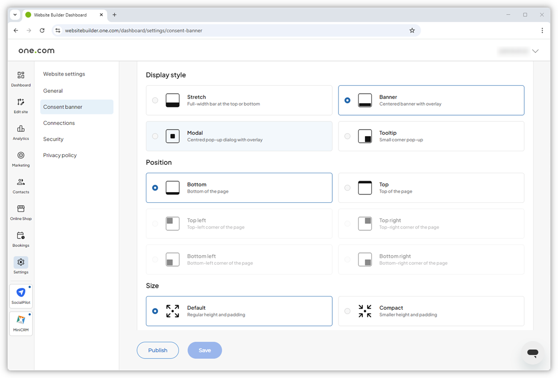 Capture d’écran de la section Apparence de la page de la bannière de consentement.