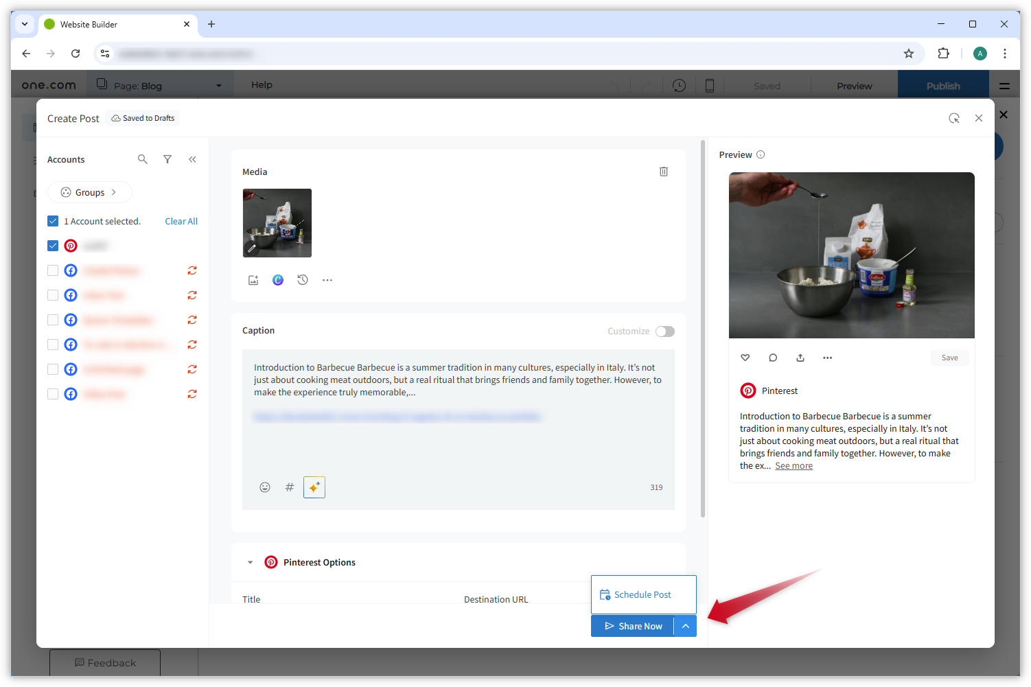 Skjermbilde som viser SocialPilot-delen "Opprett innlegg".