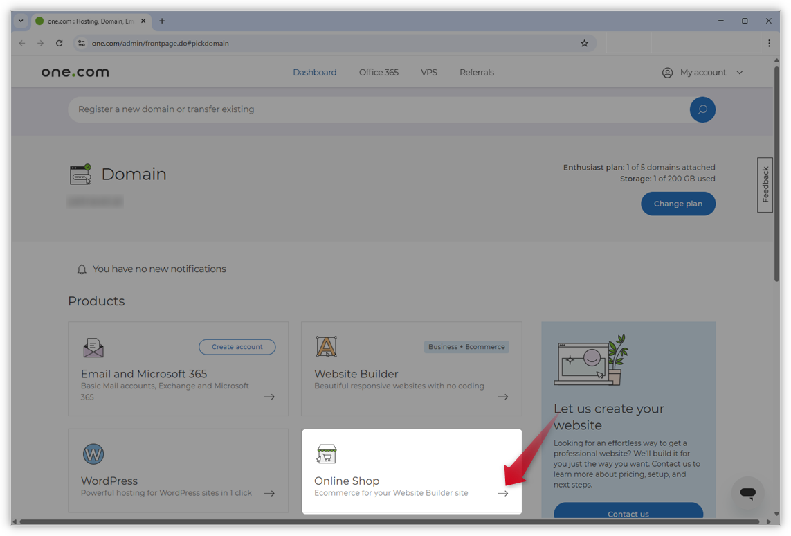 Screenshot of the Control Panel with a red arrow pointing towards the Online Shop tile.