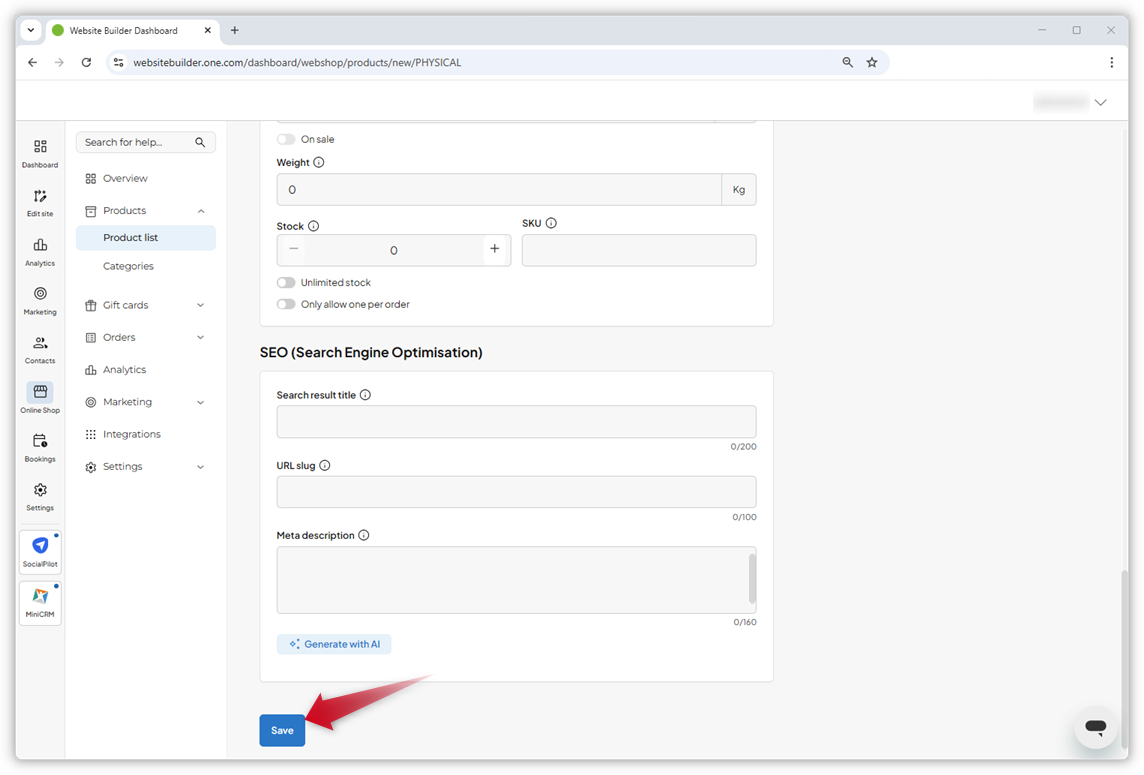 Screenshot einer Produktseite. Ein roter Pfeil zeigt unten auf der Seite auf den Button "Speichern".