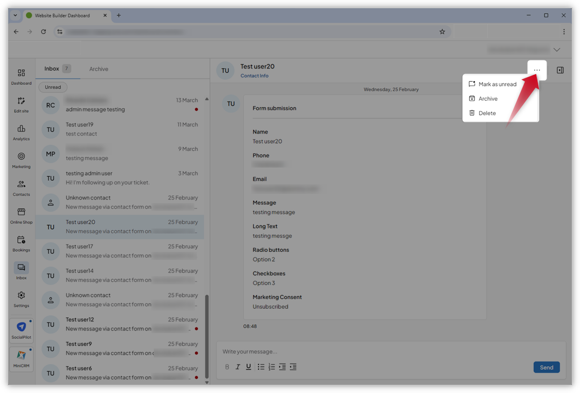 Screenshot of the inbox. A conversation is open and a red arrow points to the menu with the three dots. 