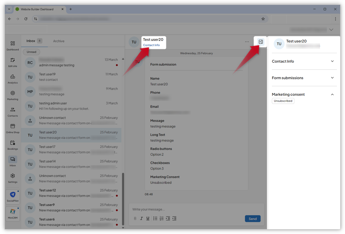 Screenshot of the inbox. A conversation is open and one red arrow points to Contact info and the other red arrow points to the icon next ot the menu with the three dots.