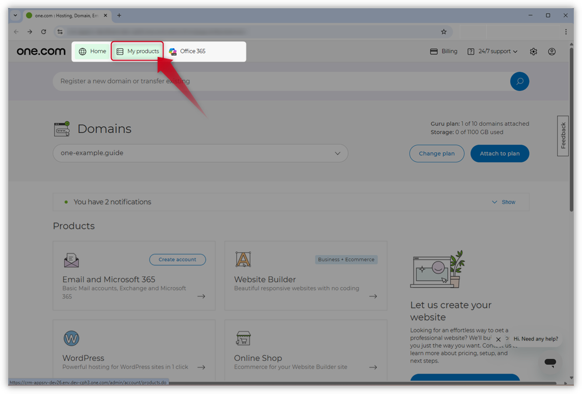 Screenshot of the new Control Panel design. A red arrow points to "My products".