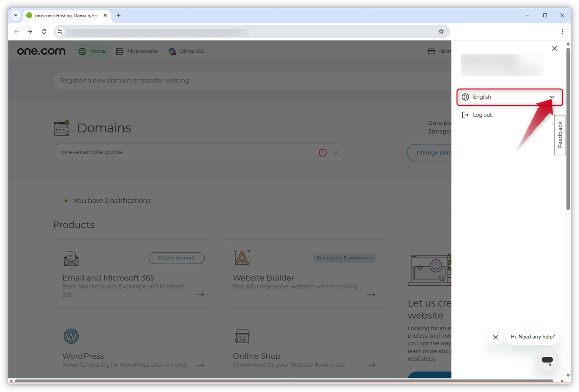 Screenshot of the new Control Panel design. A red arrow points to the language selector.