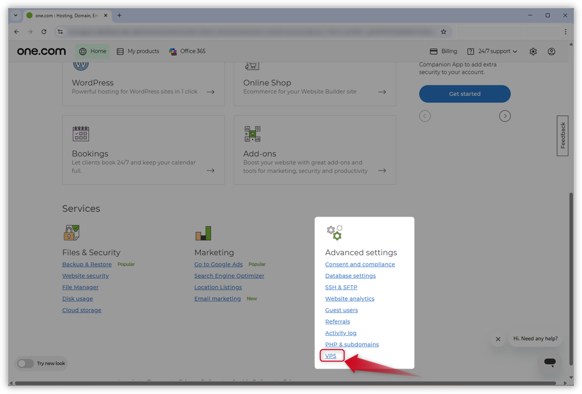 Skærmbillede af det nye kontrolpanel-design. En rød pil peger på "VPS" under "Avancerede indstillinger".