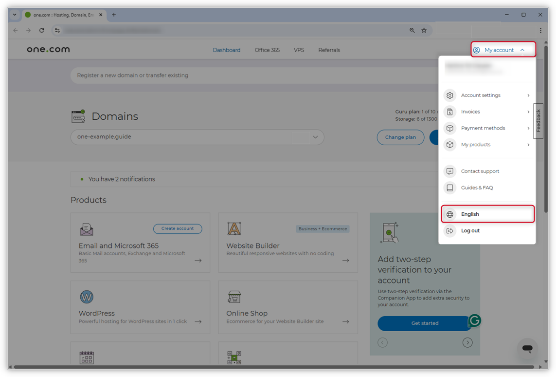 Screenshot del vecchio design del Pannello di controllo. "Il mio account" e "Inglese" sono evidenziati.