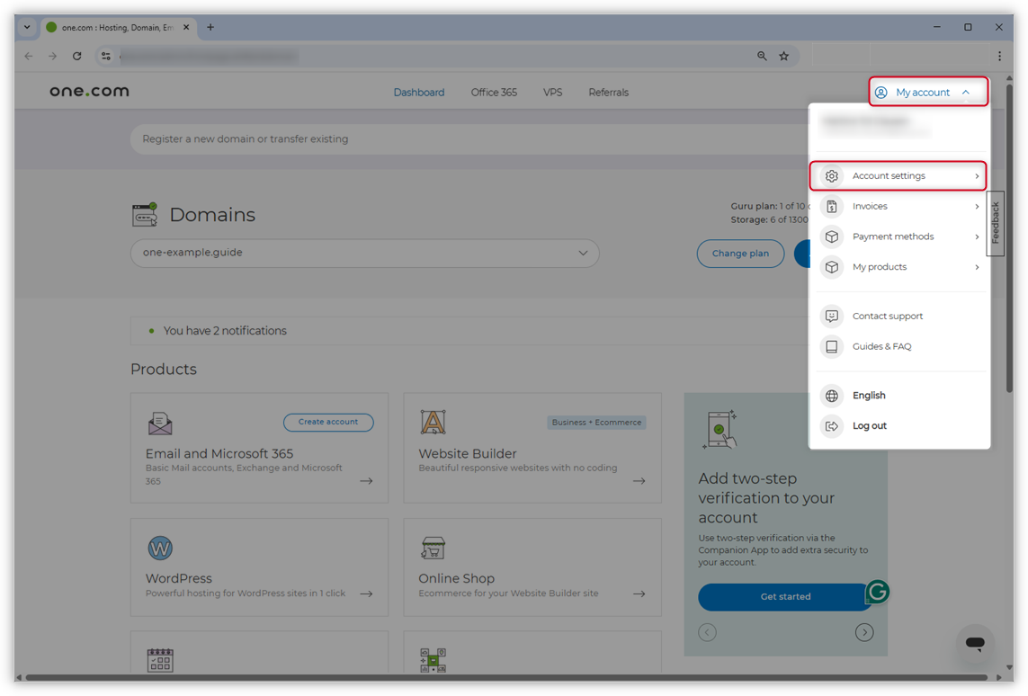 Captura de ecrã do antigo design do Painel de Controlo. «A minha conta» e «Definições da conta» estão destacadas.