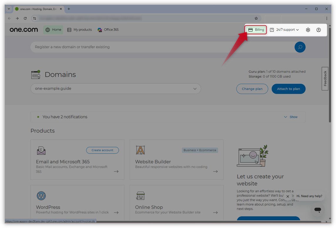 Screenshot van het nieuwe ontwerp van het Configuratiescherm. Een rode pijl wijst naar "Facturering".