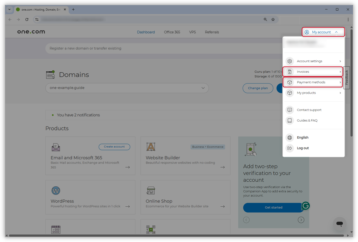 Captura de ecrã do antigo design do Painel de Controlo. «A minha conta», «Faturas» e «Formas de pagamento» estão destacados.