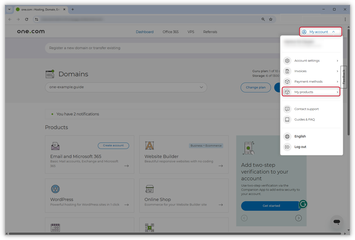 Captura de ecrã do antigo design do Painel de Controlo. «A minha conta» e «Os meus produtos» estão destacados.