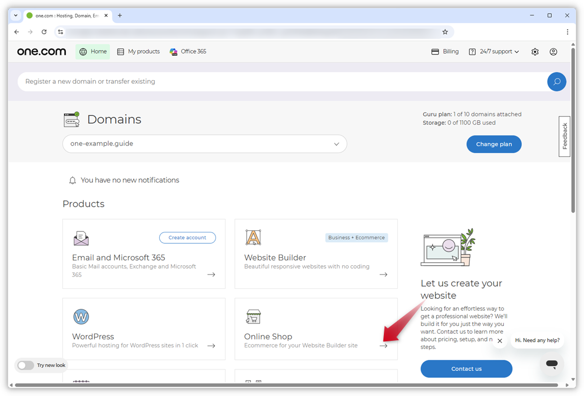 Kuvakaappaus one.com-ohjauspaneelista punaisella nuolella, joka osoittaa verkkokauppa-ruutua.
