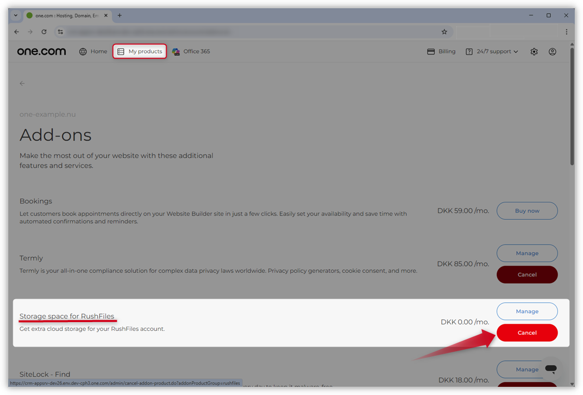 Screenshot der Add-ons-Übersicht im Kontrollpanel. Ein roter Pfeil zeigt auf den Button Abbrechen neben dem Speicherplatz für RushFiles.