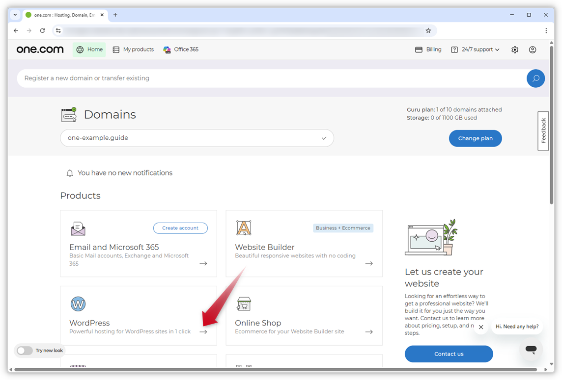 Kuvakaappaus punaisesta nuolesta, joka osoittaa WordPress-ruutua one.com-ohjauspaneelissa.