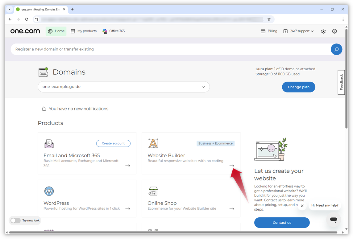 Kuvakaappaus one.com-ohjauspaneelista. Punainen nuoli osoittaa Website Builder -pakettiin.